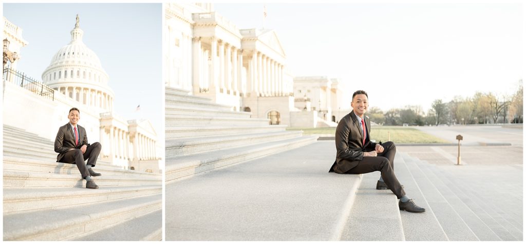 Recent AU grad poses for senior pictures on the steps of the US Capitol