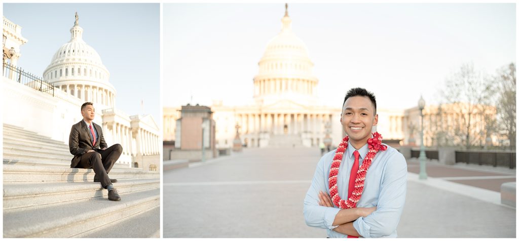 Hawaiian man posing by the US Capitol for senior pictures

