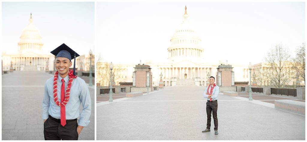 Proud graduate stands in front of US Capitol for senior pictures