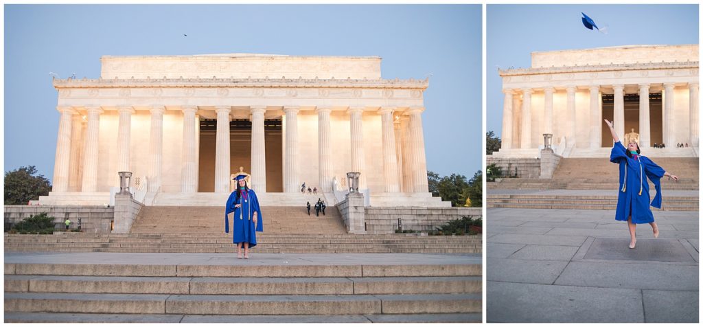 Happy graduate throws her cap in the air at Lincoln Memorial senior photos session
