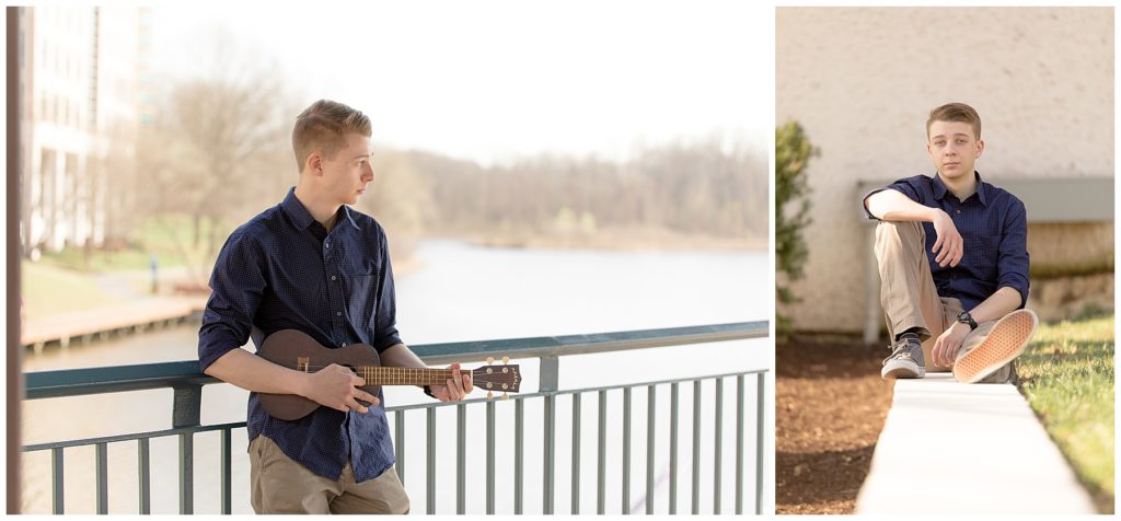 Two images capture senior boy plying ukulele and sitting at Columbia waterfront