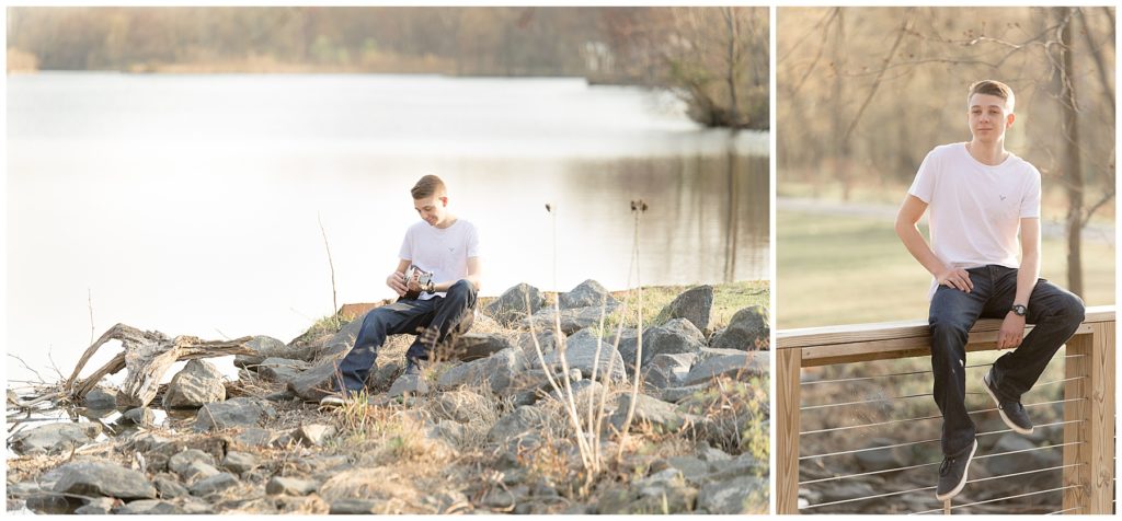 Local senior poses for senior session photos at Columbia, MD, lakefront