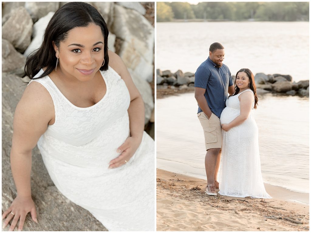 Pregnant mom in white dress poses for beach maternity photos