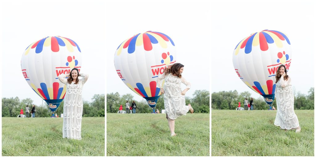 collage of excited woman posing in front of Wonder Bread hot air balloon