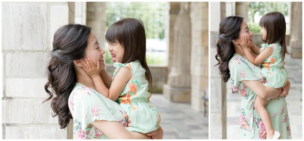 Mom snuggles toddler daughter during Ellicott City, MD, maternity session
