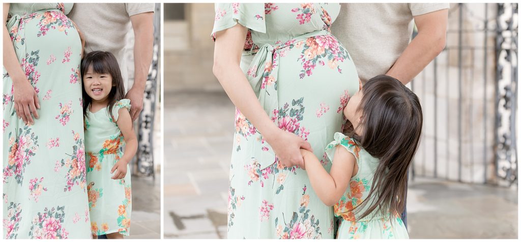 pregnancy photos with a toddler kissing mom's belly