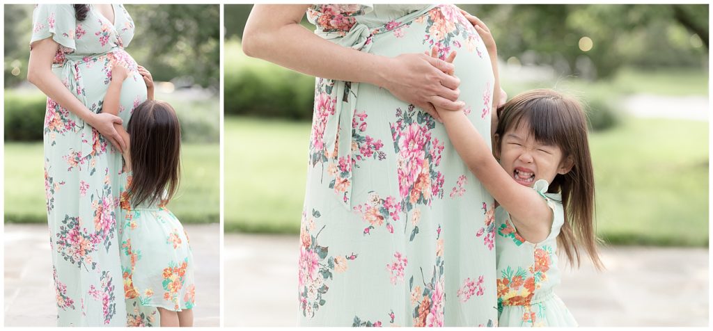 pregnancy photos with a toddler snuggling mom's belly