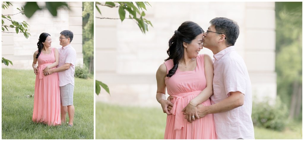 Pregnant couple cuddles close at maternity photo session