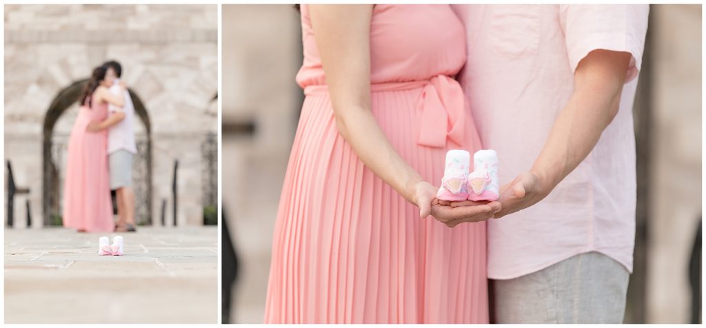 Collage of pregnant mom and dad standing with pink baby shoes