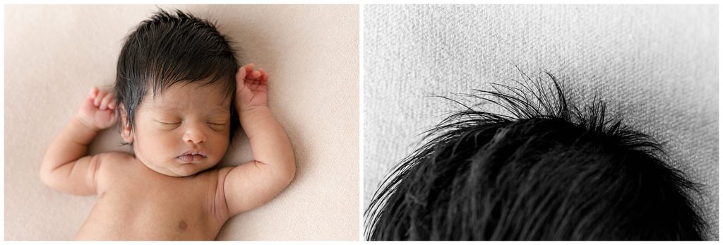 Posed newborn shows off his excellent head of thick, black hair
