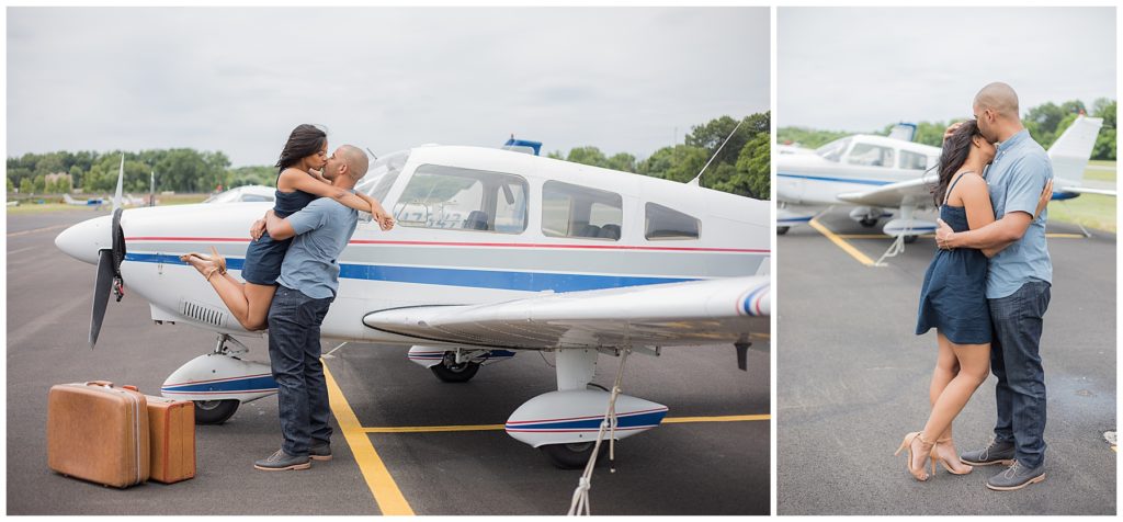 engaged couple embraces at College Park airfield