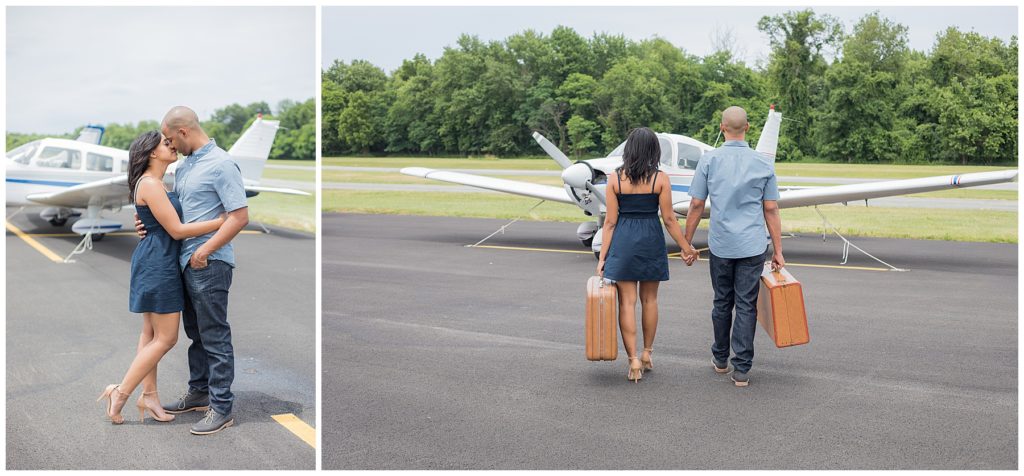 Couple poses in front of airplane for engagement photos