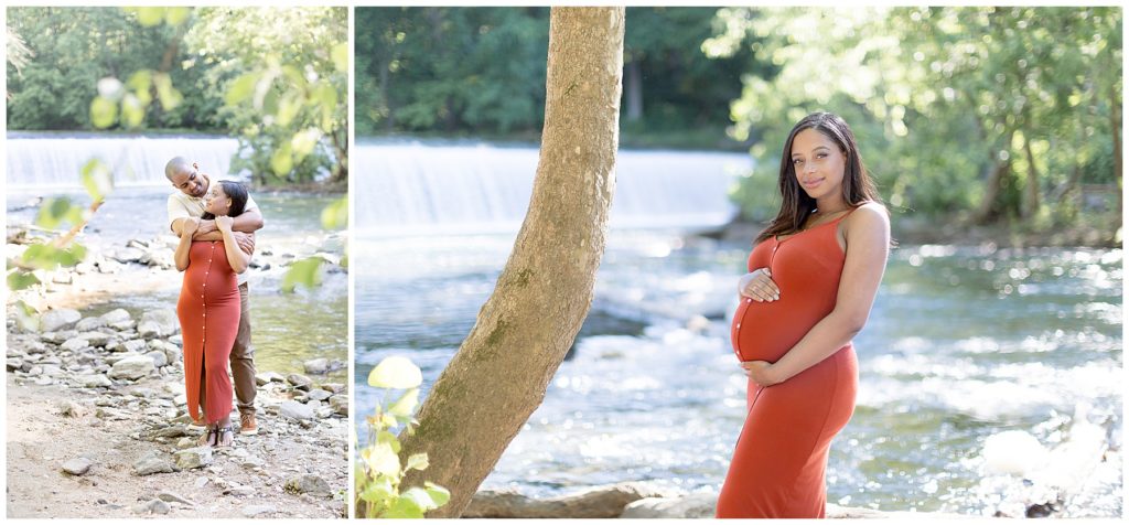 woman in red dress poses for maternity photos with husband