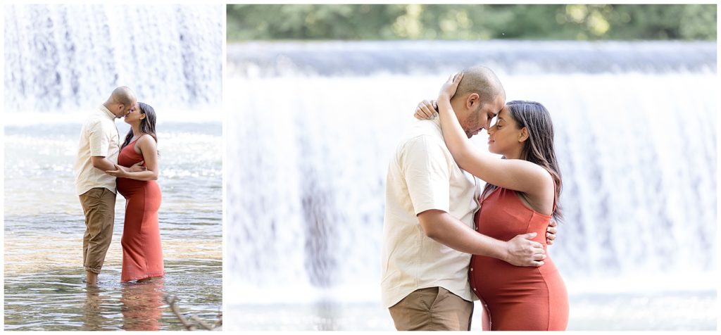 husband and wife embrace during water maternity session