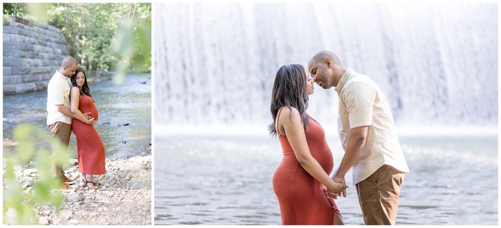 husband embraces pregnant wife at Patapsco State Park maternity photo session