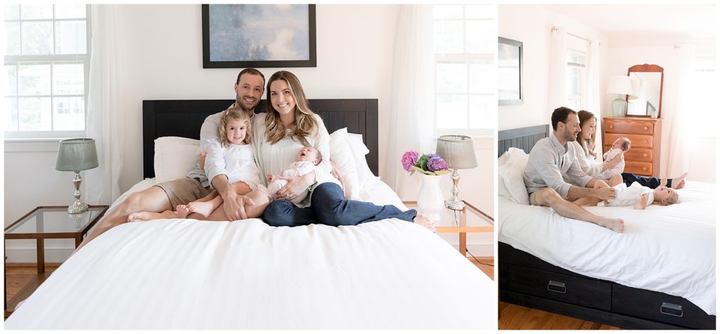 collage of family sitting on master bed during newborn photos