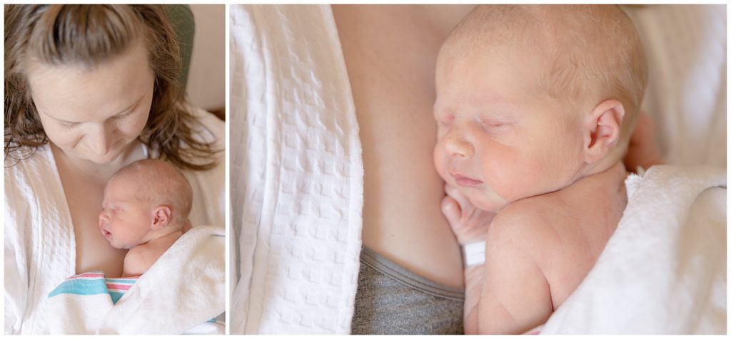 Mom cuddles newborn son close to her chest in Fresh 48 photo session