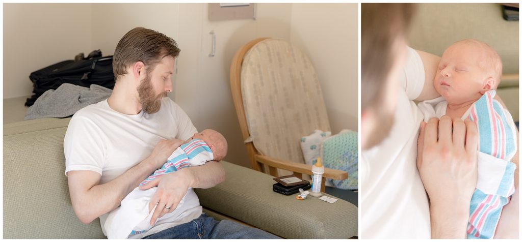 Multiple shots of a father cradling his newborn son in the hospital 