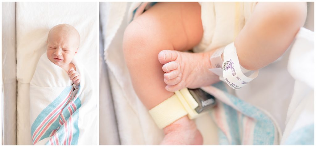 Swaddled newborn in hospital bassinette