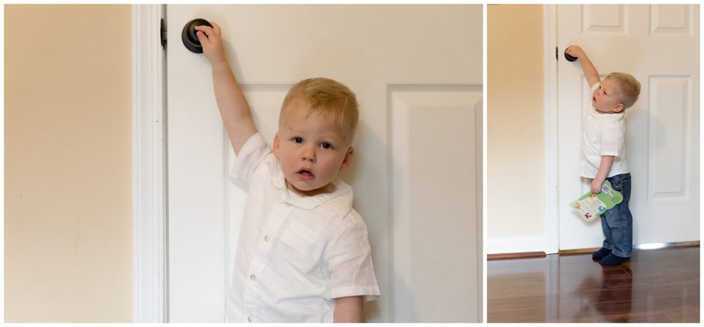 Toddler big brother tries to leave the room during lifestyle newborn session