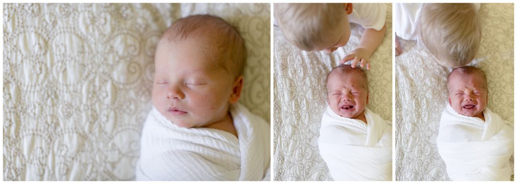 Collage of newborn being booped on the nose by big brother during lifestyle newborn session