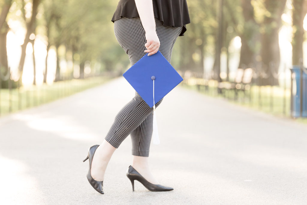 blue graduation cap and high heels