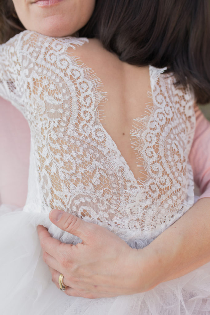 Closeup detail of the back of a lace dress