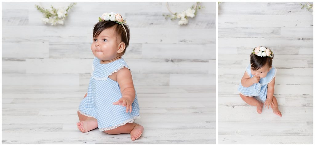 Baby girl poses in her mother's childhood dress