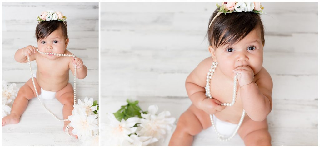 Two views of 6 month old baby girl at her sitter session in Burtonsville, MD