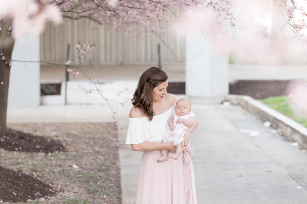 mom and infant daughter framed under cherry blossoms trees