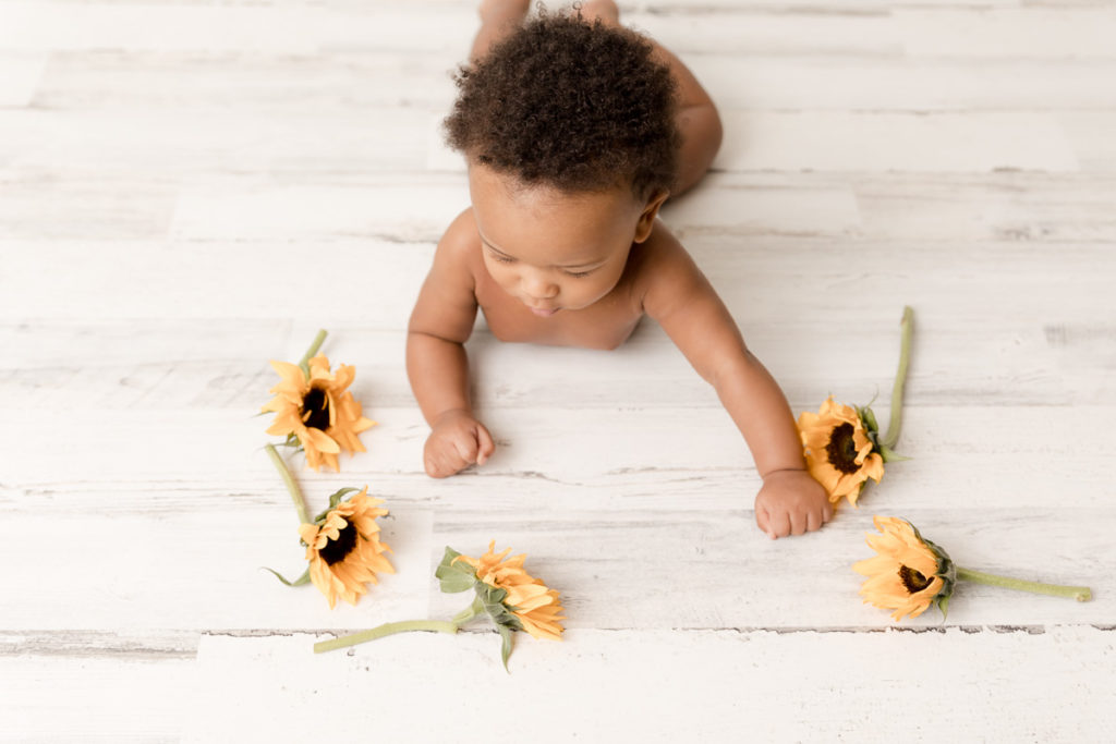 Six month old baby lays on stomach and gazes at sunflowers