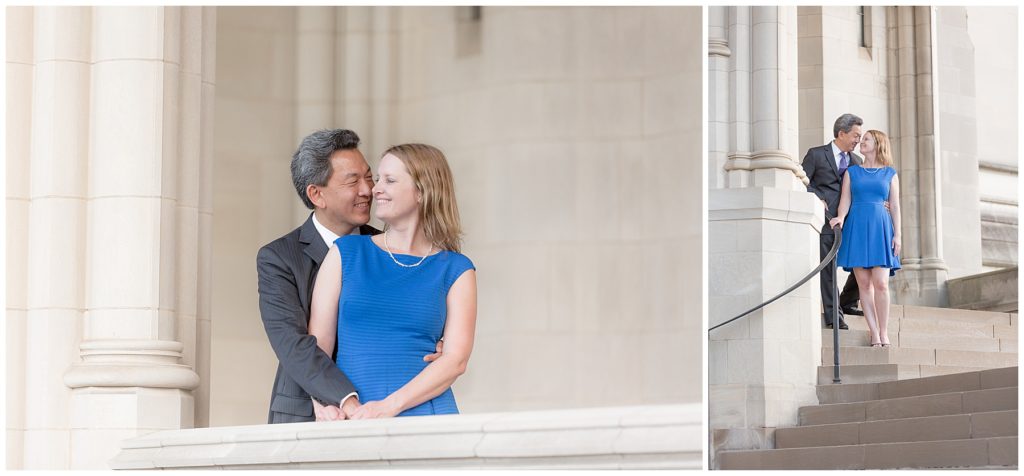 Betrothed pair poses on National Cathedral stairs