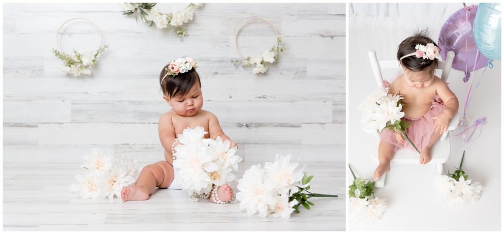 baby gazes at white flowers in comparison photos