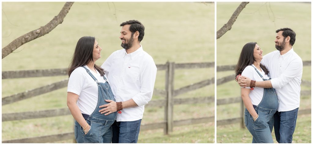 happy couple poses for maternity photos