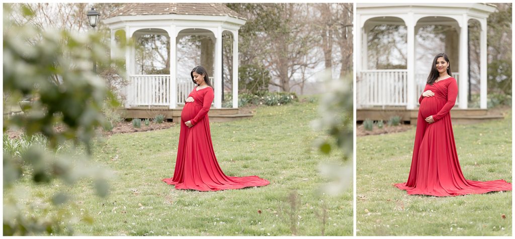 two views of pregnant woman in Red Maternity Dress