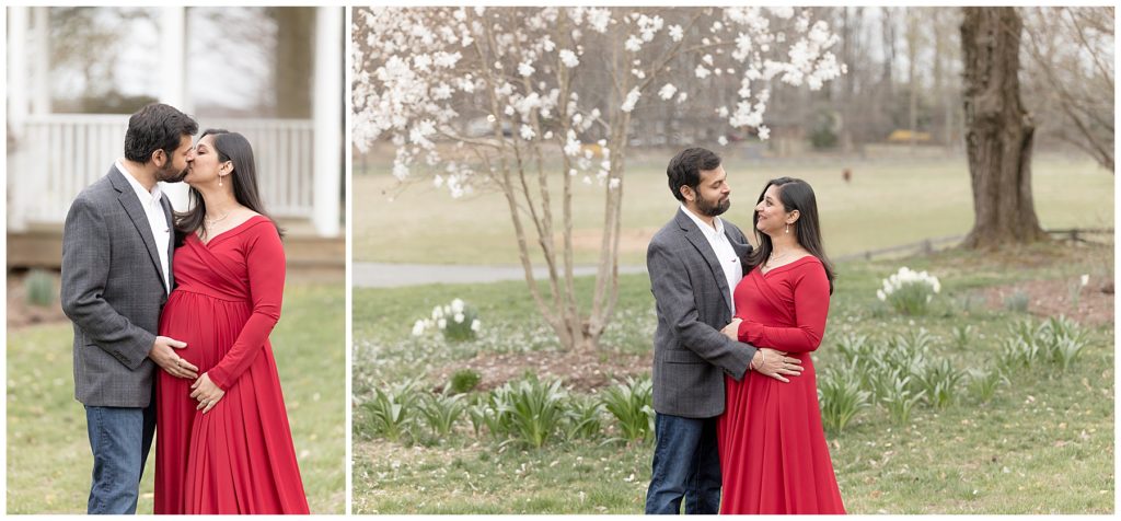 happy expectant couple, Red Maternity Dress
