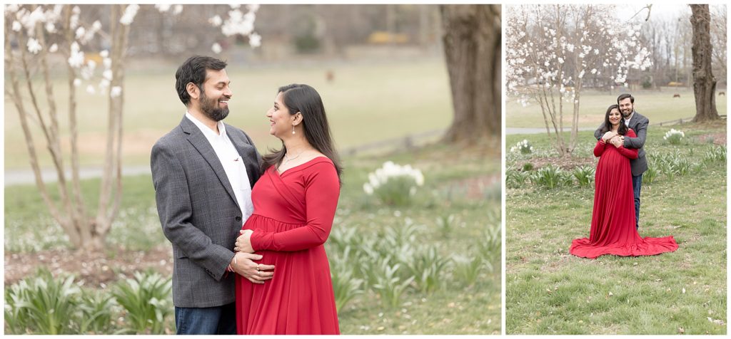 flowering trees, expectant couple, red maternity dress
