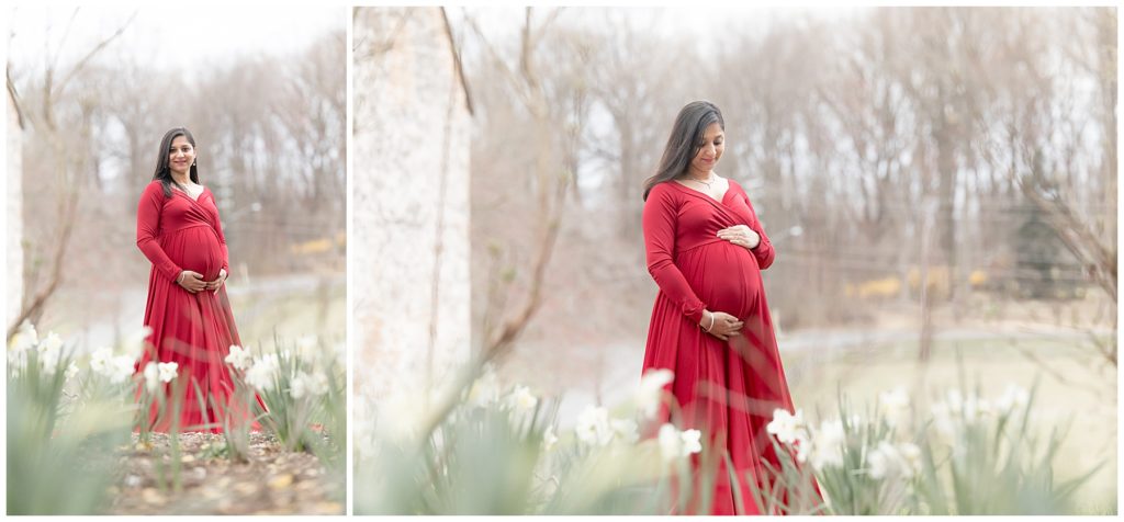 light and airy maternity photo shoot, red maternity dress