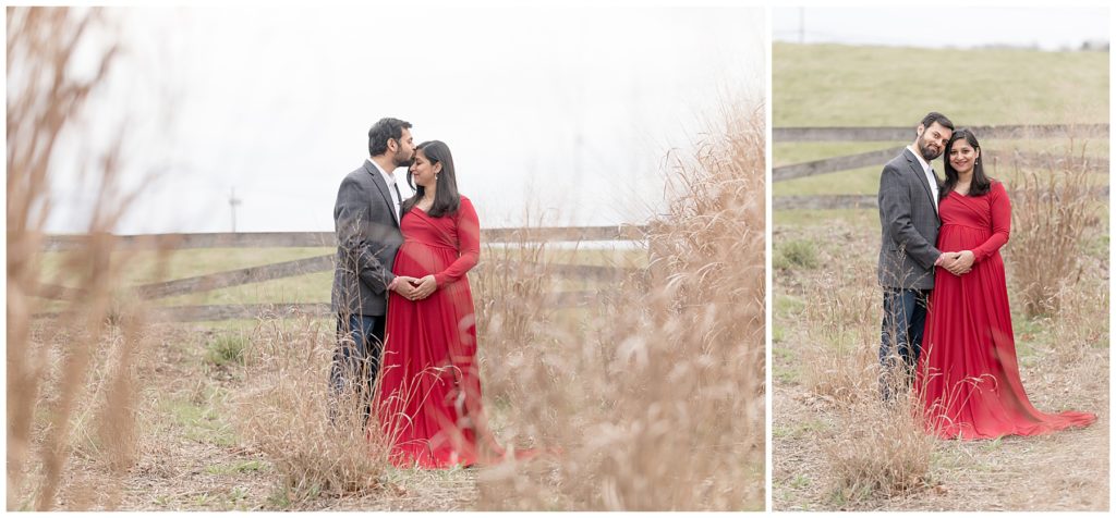 pregnant couple poses in tall grasses