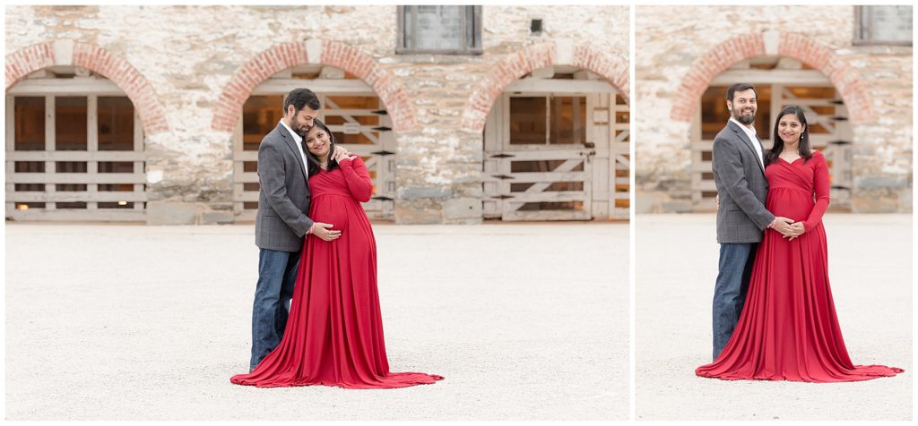 beautiful photos of pregnant couple, red maternity dress