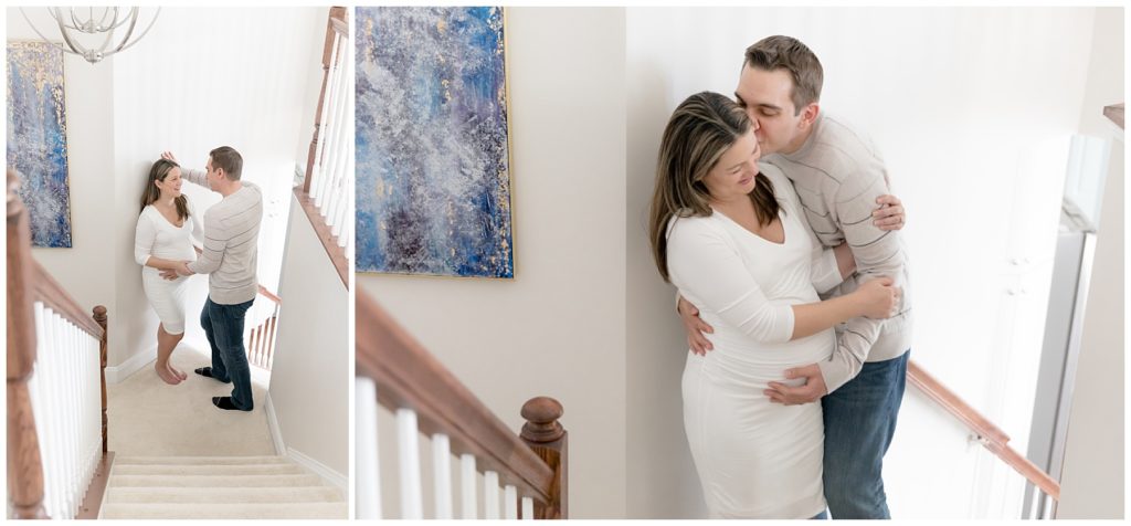 at home maternity photos on the staircase