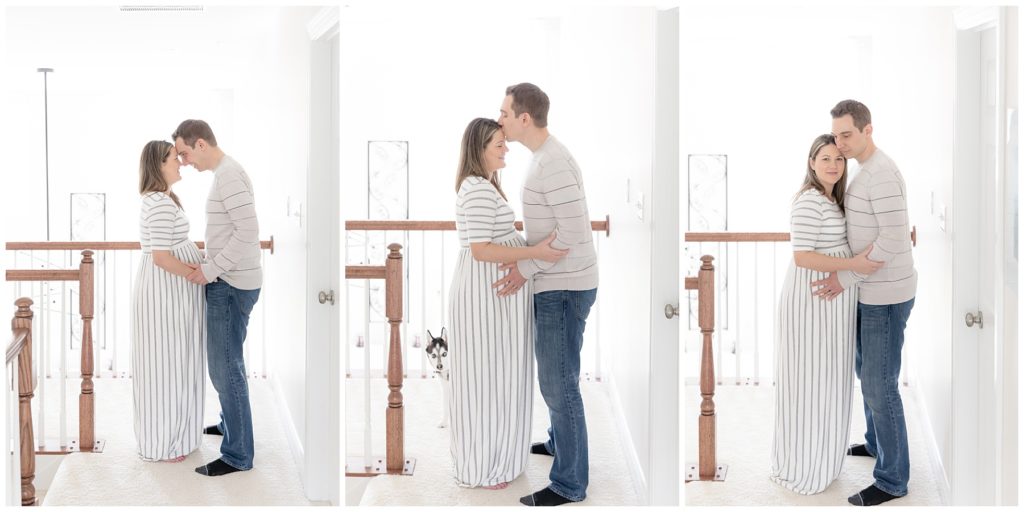 expectant parents pose for at home maternity photos