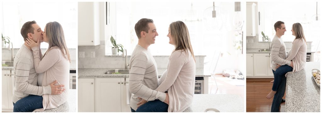 smooches during at home maternity photos