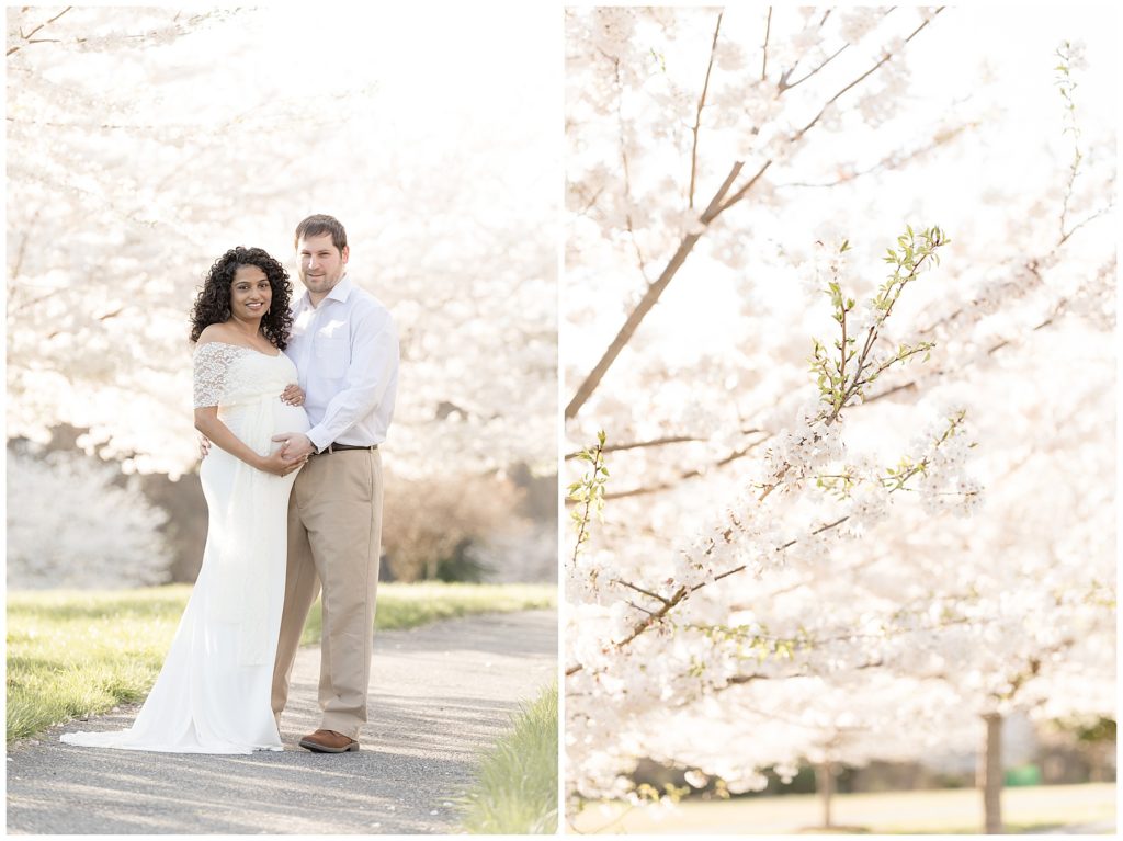 expectant couple poses for spring maternity photos