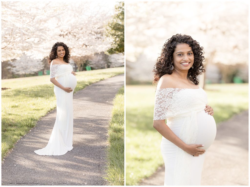 beautiful pregnant woman in white lace gown