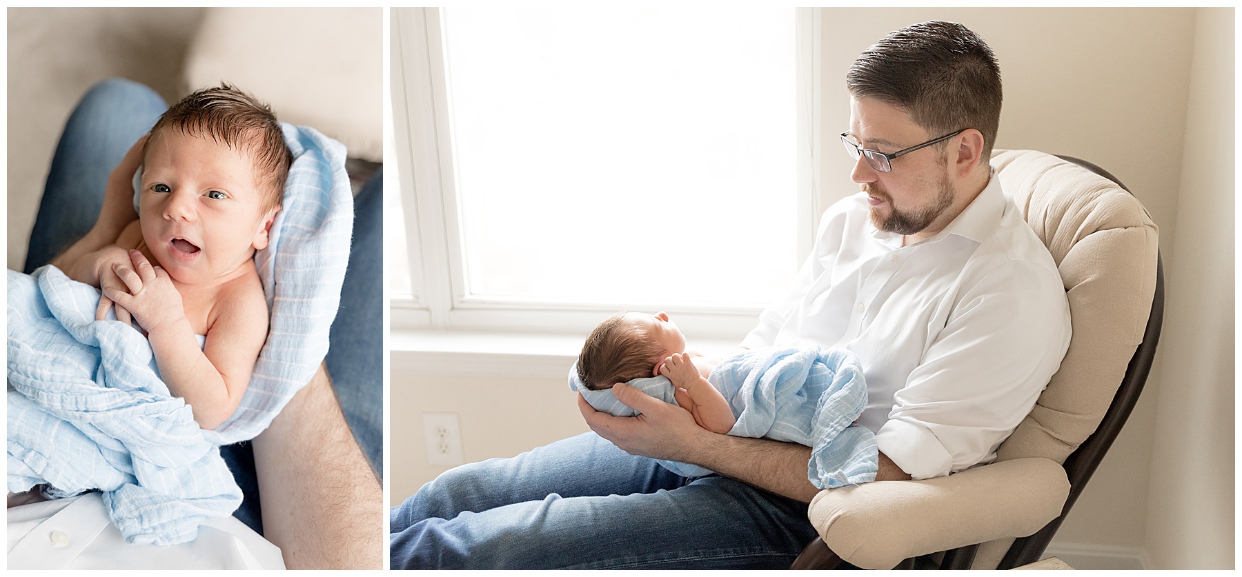 dad holds tiny son in natural light nursery