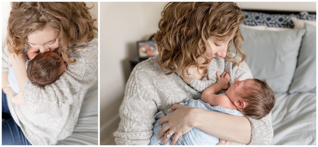 mom snuggles her newborn son at home