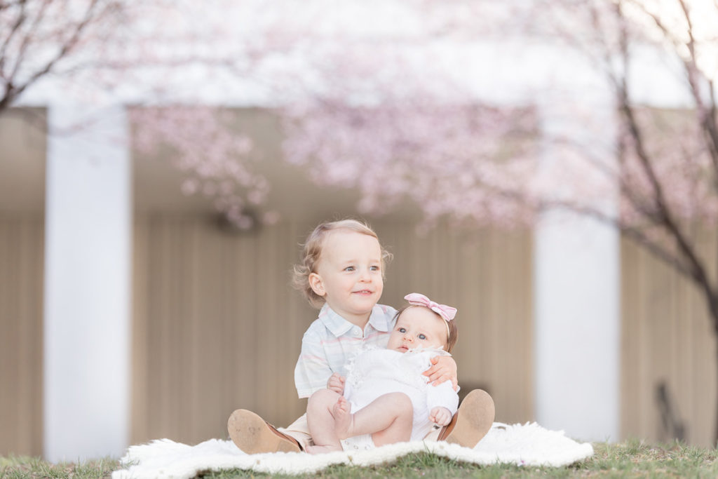 brother and sister sit under cherry blossoms in Columbia