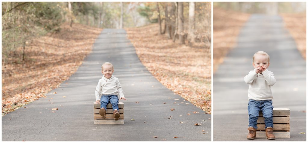 toddler boy giggles during fall photos