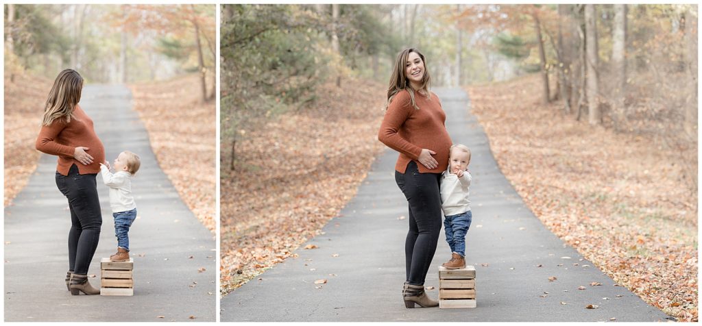 pregnant mom and toddler son, driveway fall photos